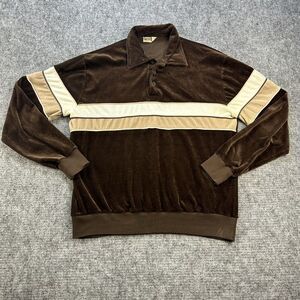 Vintage 70s Velour Shirt Men Large Brown Collared Stripe Velation by Harper